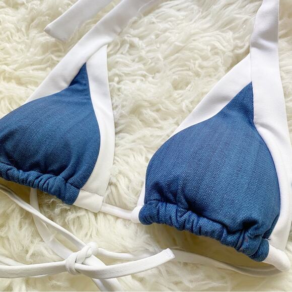 Seafolly | Block Party Slide Triangle Bikini Top Denim Blue White US 6 - Picture 4 of 6